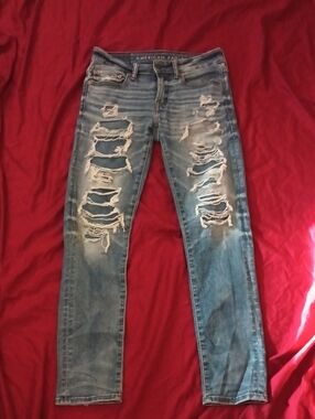 American Eagle Outfitters Men’s Light Blue Ripped Skinny Jeans Airflex 360 28x30